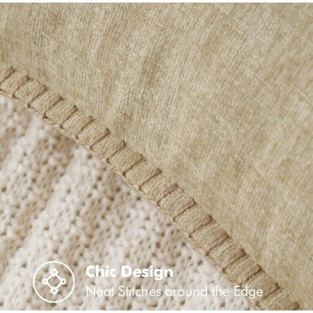 Set Of 2 Chenille Stitched Edge Soft Throw Pillow Covers Beige 18x18in Spring